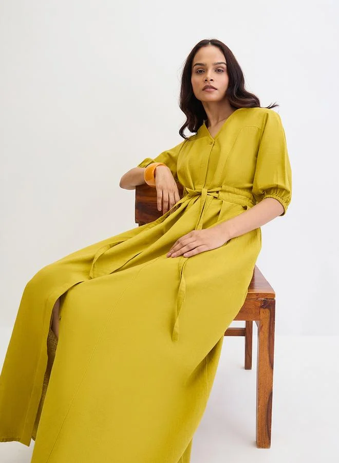 Femmella  Citrine Green Cotton Linen Maxi Dress for Women | Best Price UAE