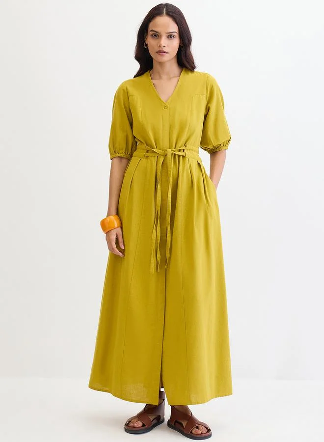 Citrine Green Cotton Linen Maxi Dress