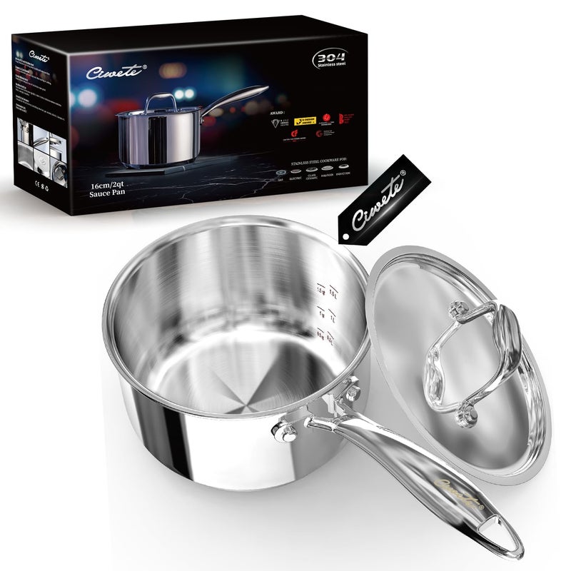 Ciwete 2 Quart Sauce Pan with Lid Tri Ply Stainless Steel Saucepan 2 Qt with Stainless Steel Lid 2 Measuring Lines Upgraded Packaging Cool Ergonomic Handle Dishwasher  Oven Safe