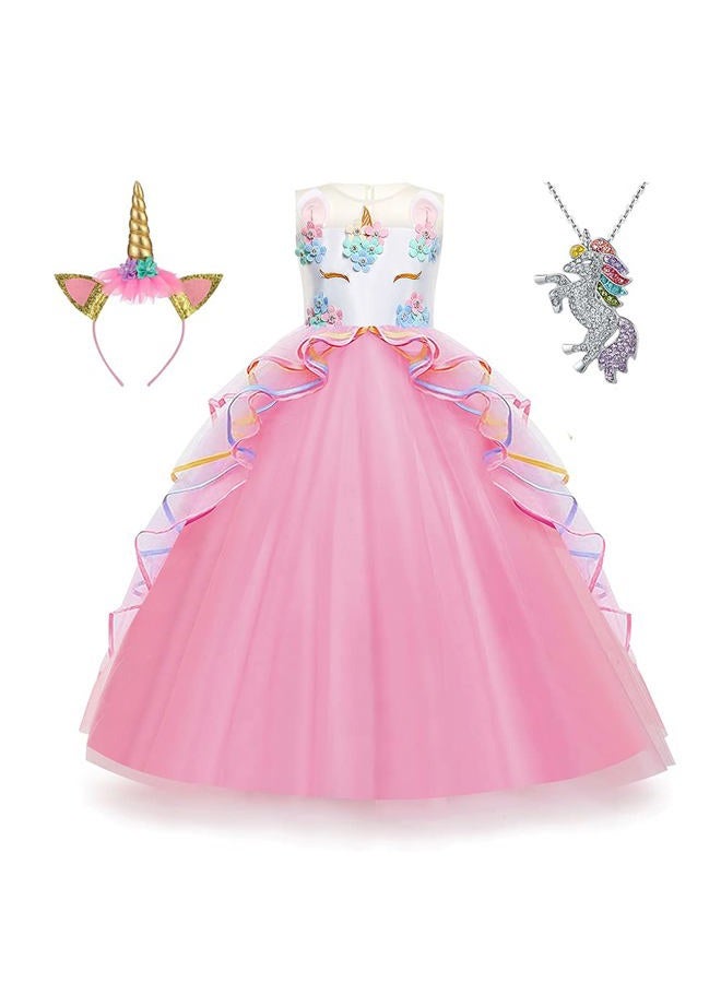 Yipkorra Unicorn Dress for Girls Unicorn Costume Pageant Princess Party Birthday Long Gown with Unicorn Headband & Necklace (Pink, 160 9-10 Years) - Image 1