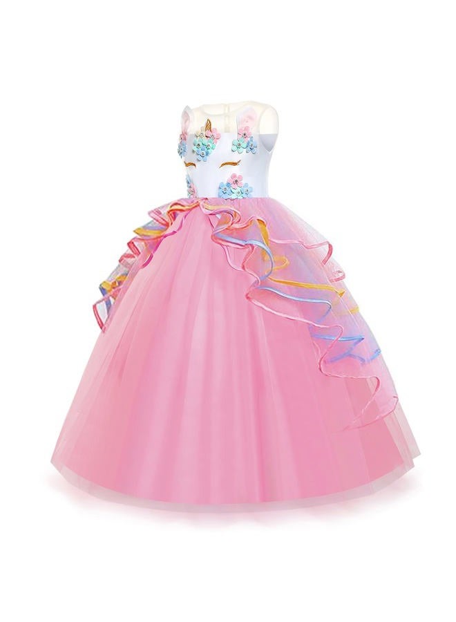 Yipkorra Unicorn Dress for Girls Unicorn Costume Pageant Princess Party Birthday Long Gown with Unicorn Headband & Necklace (Pink, 160 9-10 Years) - Image 2