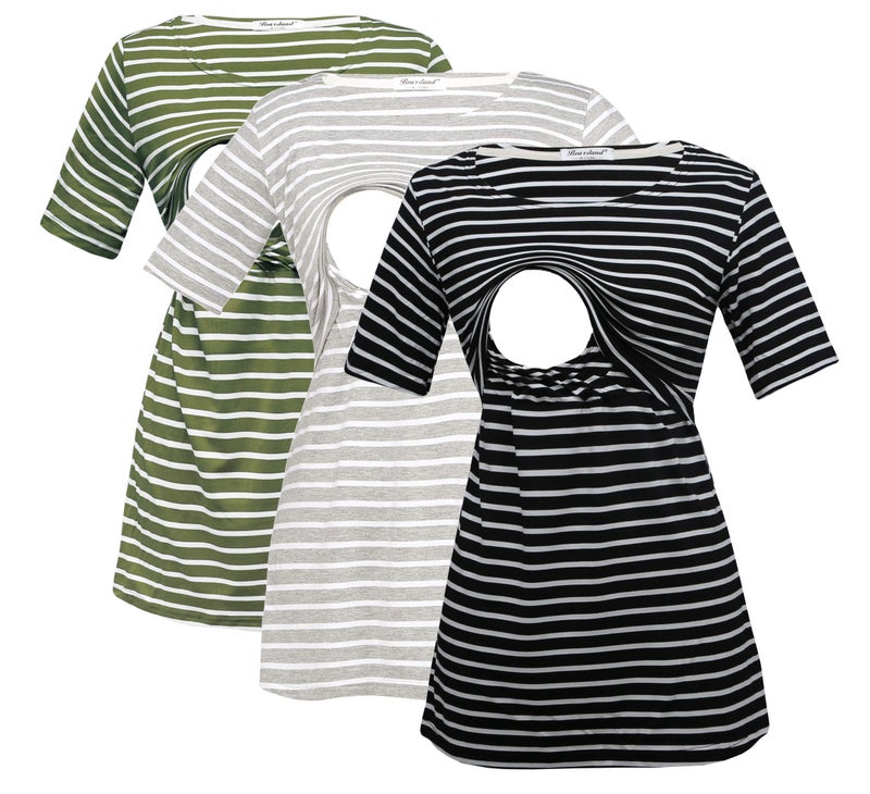 Bearsland Women's 3 Packs Maternity Nursing Tops Short Sleeve Breastfeeding Shirts,grewitstpblkwitstpgreenstp,L - Image 1