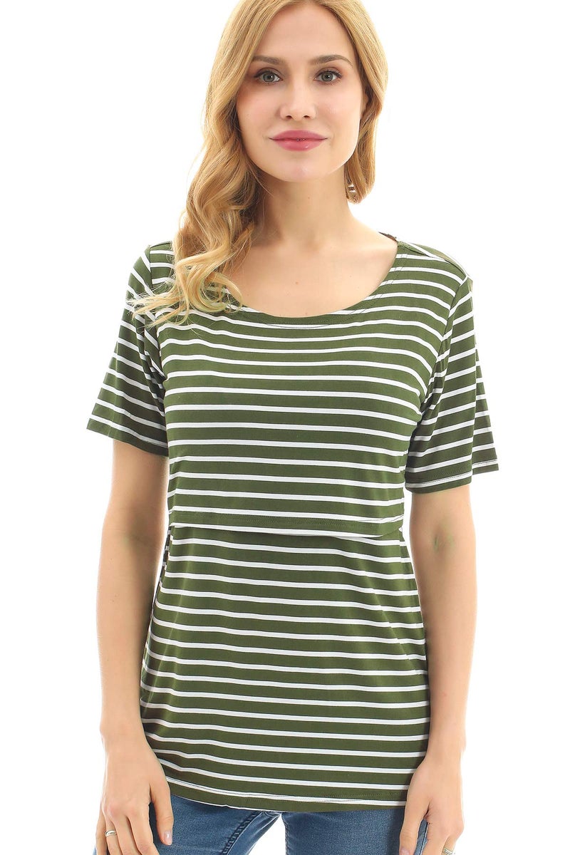 Bearsland Women's 3 Packs Maternity Nursing Tops Short Sleeve Breastfeeding Shirts,grewitstpblkwitstpgreenstp,L - Image 4