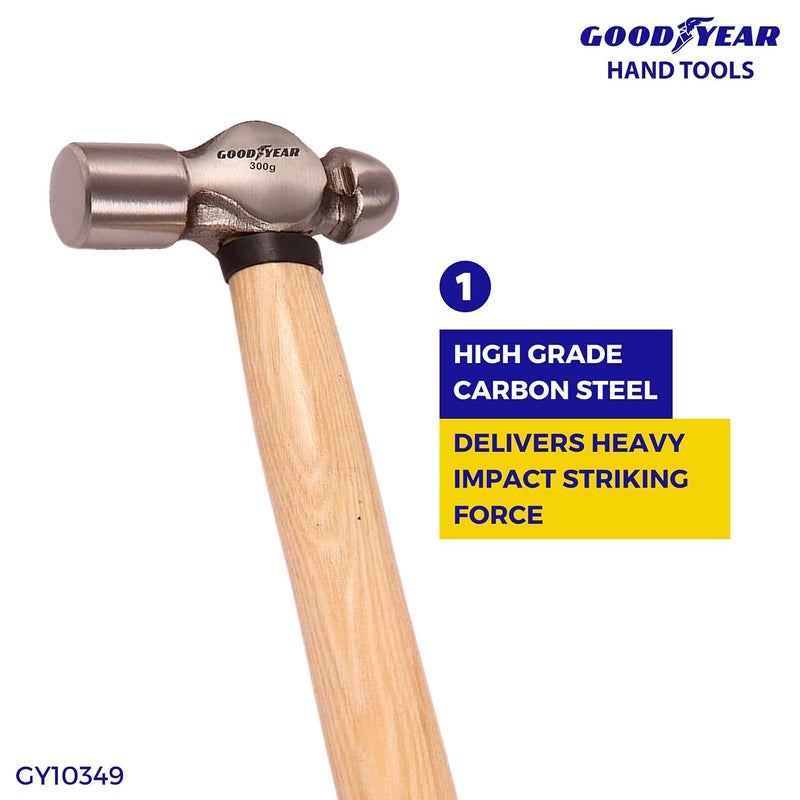 Good Year مطرقة بال بين، مقبض خشبي، مطرقة رأس فولاذي مختار بوزن 300 جرام ومقبض خشب رماد - Image 4
