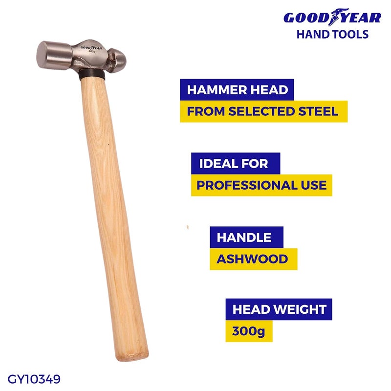 Good Year مطرقة بال بين، مقبض خشبي، مطرقة رأس فولاذي مختار بوزن 300 جرام ومقبض خشب رماد - Image 3