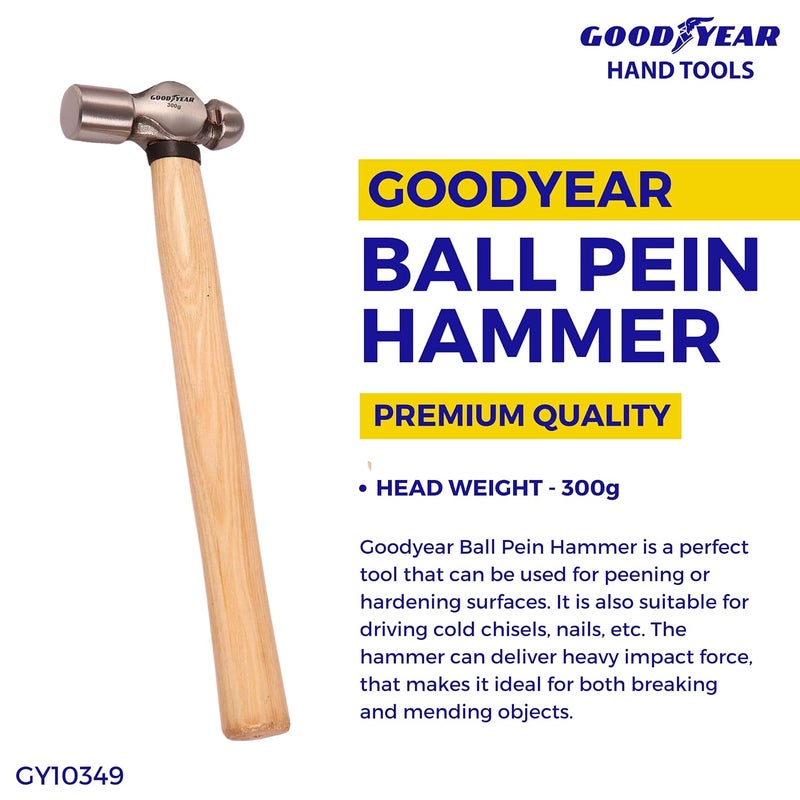Good Year مطرقة بال بين، مقبض خشبي، مطرقة رأس فولاذي مختار بوزن 300 جرام ومقبض خشب رماد - Image 2