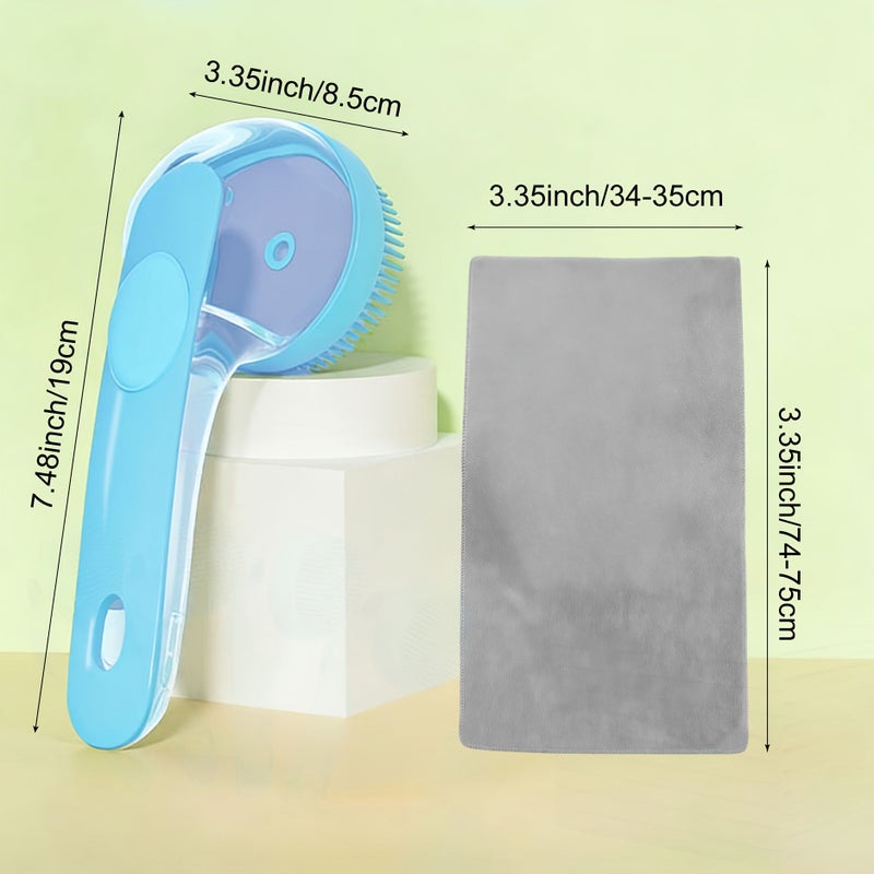 Pet Grooming Combo Set 2-In-1 Dog Bath Brush With Shampoo Dispenser Quick-Dry Microfiber Towel Blue Brush Gray Towel Gentle Cleaning Shedding Control Kit For Long Short Hair Cats Dogs - Image 2
