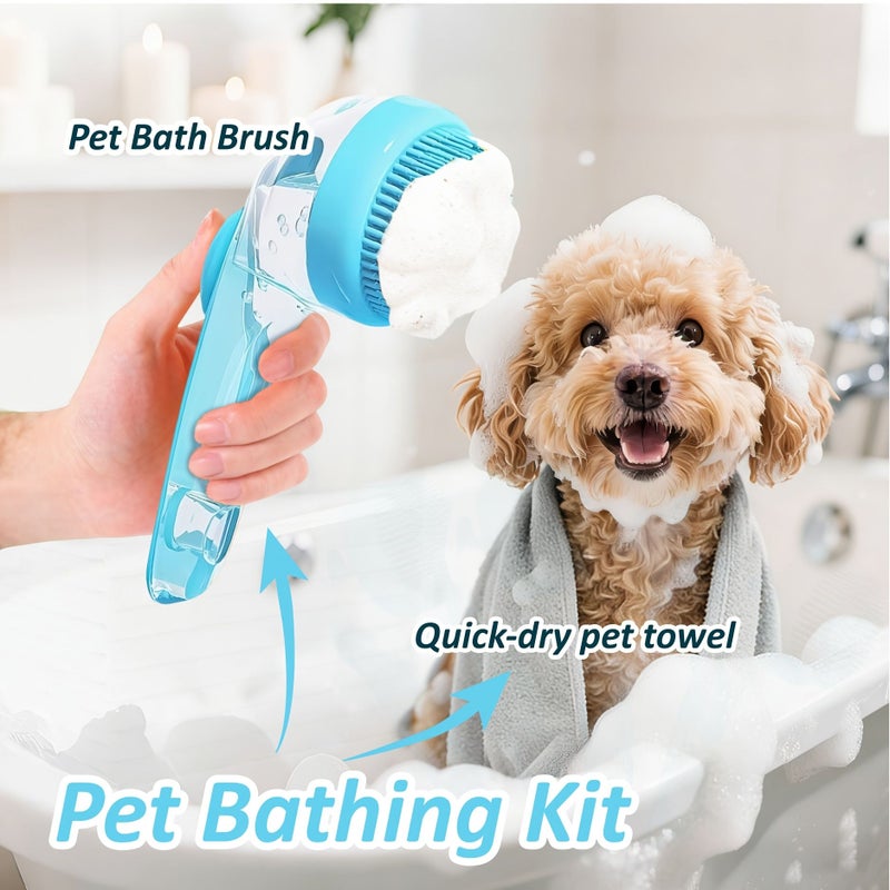 Pet Grooming Combo Set 2-In-1 Dog Bath Brush With Shampoo Dispenser Quick-Dry Microfiber Towel Blue Brush Gray Towel Gentle Cleaning Shedding Control Kit For Long Short Hair Cats Dogs - Image 1