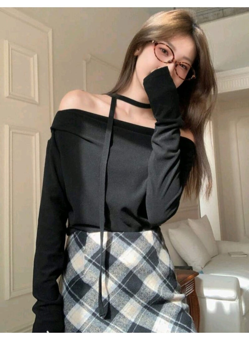 DAZY Women's Oblique Shoulder Tie-Strap Long Sleeve Solid Color Minimalist BLOUSE - Image 2