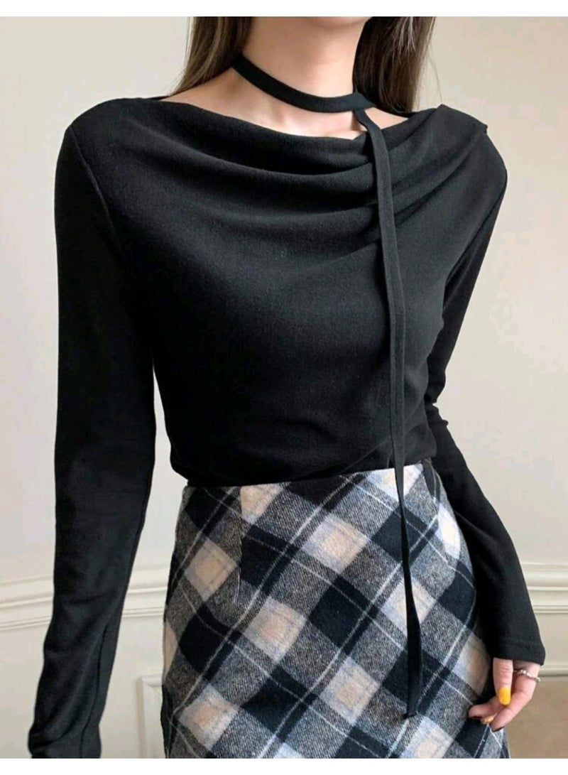 DAZY Women's Oblique Shoulder Tie-Strap Long Sleeve Solid Color Minimalist BLOUSE - Image 4