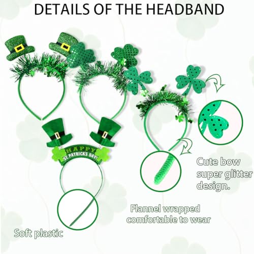 RUPOFUZA St. Patrick's Day Headbands, Green Shamrock Clover Hats Headband Boppers 4Pcs Hair Accessories Saint Patricks Day Irish Headwear St. Patrick's Day Party Supplies for Women Men - Image 3