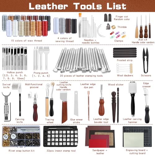TLKKUE Leather Tooling Kit Leather Craft Tools Leatherworking Kit with Custom Handbag Cutting Mats Engraving Punching Sewing Stamping Sanding Tools for Handicraft Work Professional - Image 2