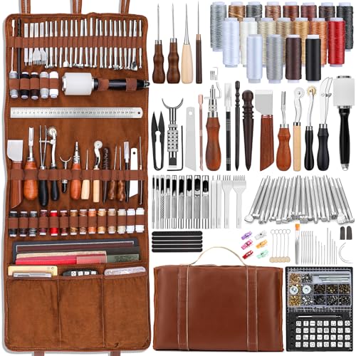 TLKKUE Leather Tooling Kit Leather Craft Tools Leatherworking Kit with Custom Handbag Cutting Mats Engraving Punching Sewing Stamping Sanding Tools for Handicraft Work Professional - Image 1