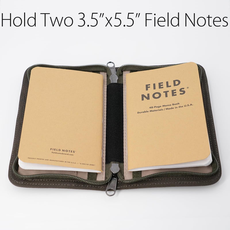 diodrio Field Notes Notebooks Cover for 3.3 x 5.5 Pocket Notebook Journal with Pen Holder, Water Resistant Zipper Cover for 3.5 x 5.5 Field Journal Planner Sketchbook, Waxed Canvas, Olive. - Image 2