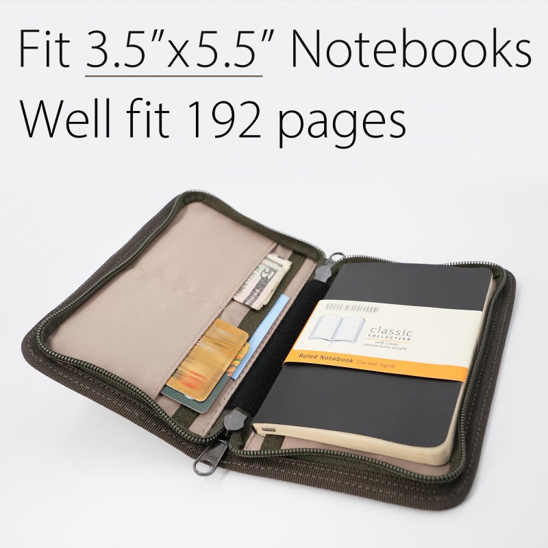 diodrio Field Notes Notebooks Cover for 3.3 x 5.5 Pocket Notebook Journal with Pen Holder, Water Resistant Zipper Cover for 3.5 x 5.5 Field Journal Planner Sketchbook, Waxed Canvas, Olive. - Image 3