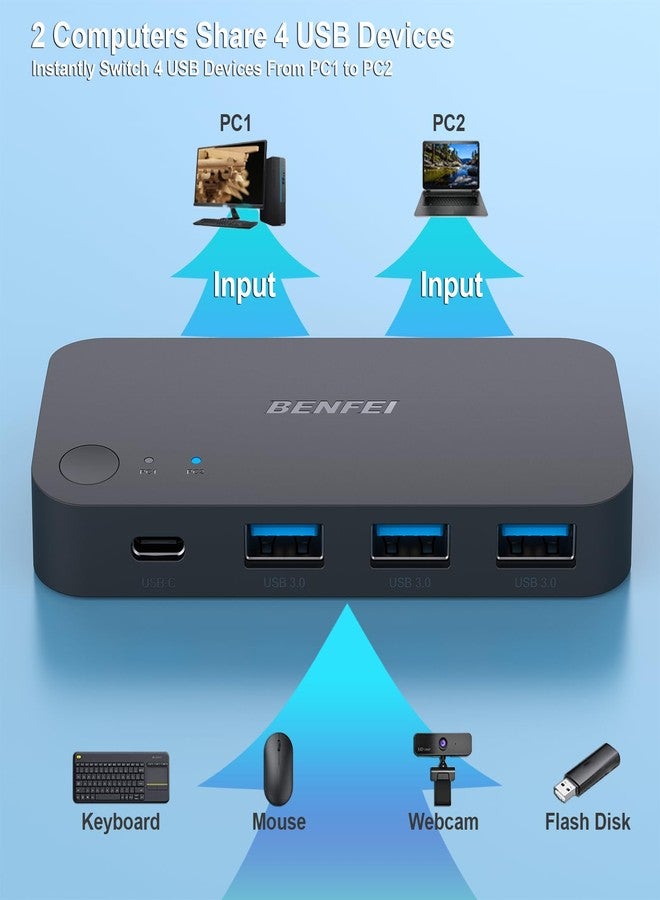 Benfei USB 3.0 Switcher, 2 Computers Share 3*USB 3.0 and 1*USB C with Remote Control for PC Mouse Keyboard Printer Scanner, USB KVM Switch Selector Compatible with Windows, Mac, Linux - Image 4