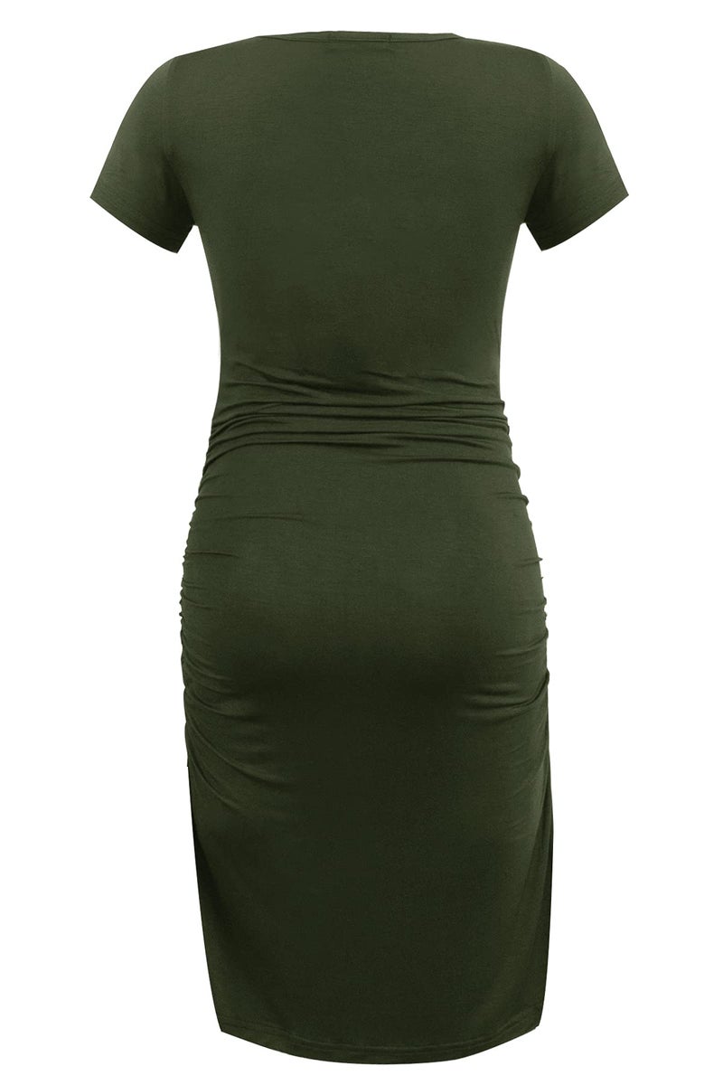 Smallshow Women's Short Sleeve Maternity Dress Ruched Pregnancy Clothes X-Large Army Green - Image 3