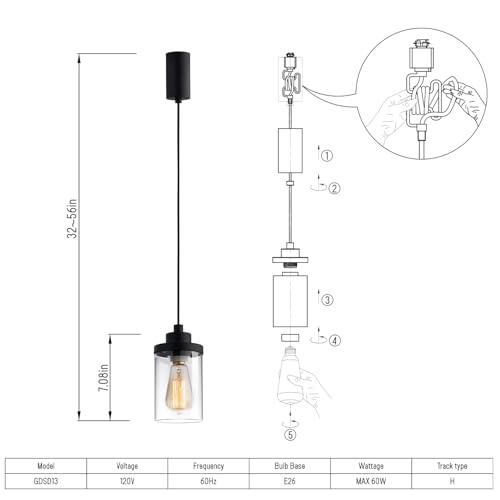 mirrea H Type Cord Adjustable Black Track Lighting Pendant with Clear Glass Shade Pack of 3 - Image 3