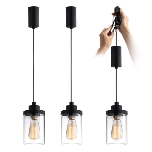 mirrea H Type Cord Adjustable Black Track Lighting Pendant with Clear Glass Shade Pack of 3 - Image 1