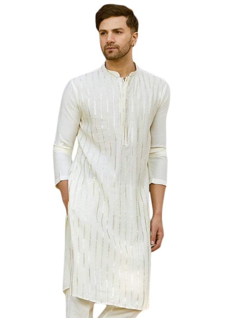 See Designs Men Full Sleeve Off White and Gold Chanderi Silk Sequins Mandarin Collar Side Slit Kurta - SDKT2422M - Image 1