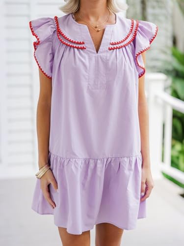 HOULENGS Women's Summer Ruffle Cap Sleeve Babydoll Mini Dress Casual V-Neck Flowy A-Line Short Dress Sundress with Pockets Purple Large - Image 4