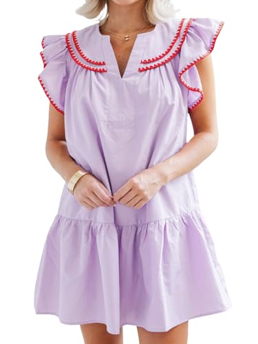 HOULENGS Women's Summer Ruffle Cap Sleeve Babydoll Mini Dress Casual V-Neck Flowy A-Line Short Dress Sundress with Pockets Purple Large - Image 1