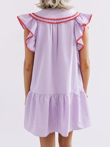 HOULENGS Women's Summer Ruffle Cap Sleeve Babydoll Mini Dress Casual V-Neck Flowy A-Line Short Dress Sundress with Pockets Purple Large - Image 2