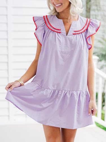 HOULENGS Women's Summer Ruffle Cap Sleeve Babydoll Mini Dress Casual V-Neck Flowy A-Line Short Dress Sundress with Pockets Purple Large - Image 3