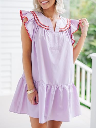 HOULENGS Women's Summer Ruffle Cap Sleeve Babydoll Mini Dress Casual V-Neck Flowy A-Line Short Dress Sundress with Pockets Purple Large - Image 5