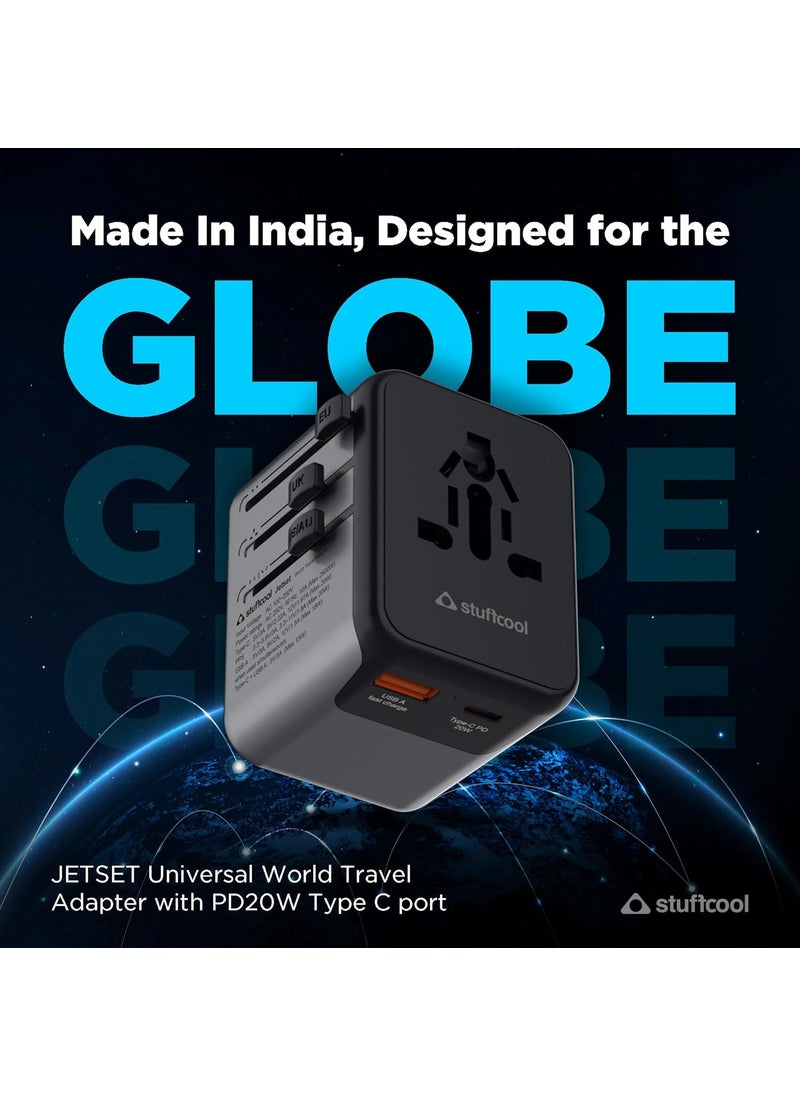 Stuffcool Stuffcool Jetset Made in India Universal Travel Adapter with US UK EU AUS pins Works in 150 Countries with PD20W Type C Port and 18W Type A Port Built in Charges iPhones 50 in 30 mins  - Image 4