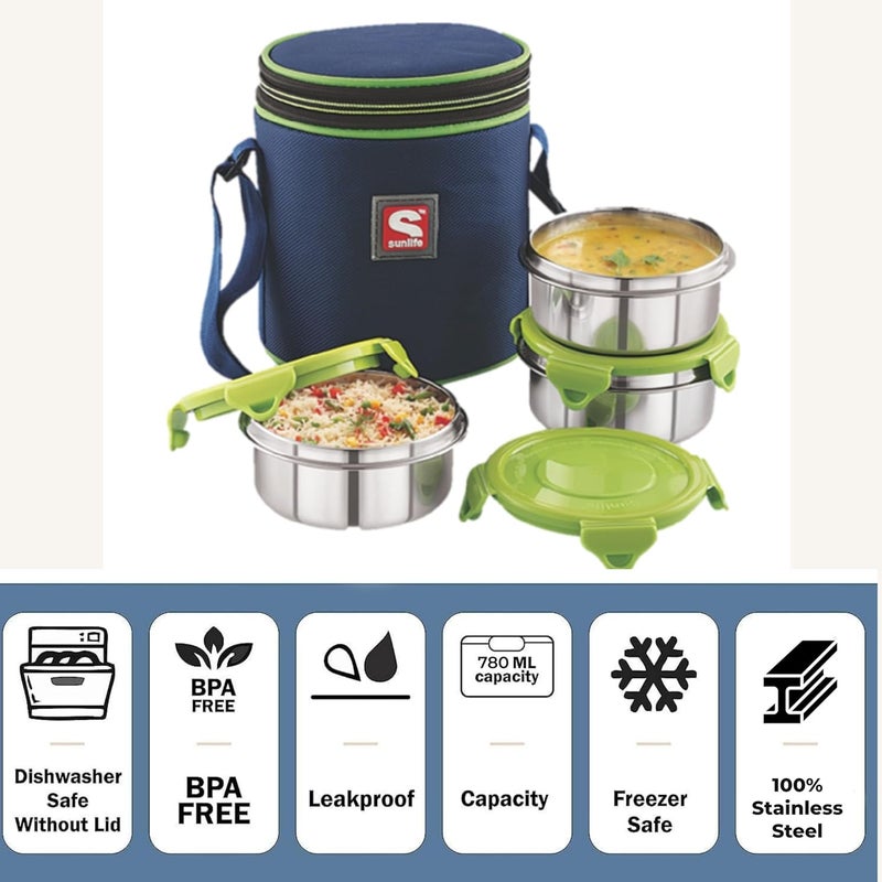 SUNLIFE - Decent 3Pc Insulated Lunch Pack - 3Pc Stainless Steel Containers (Lock-N-Lock) Lunch Box (Green) - Image 3