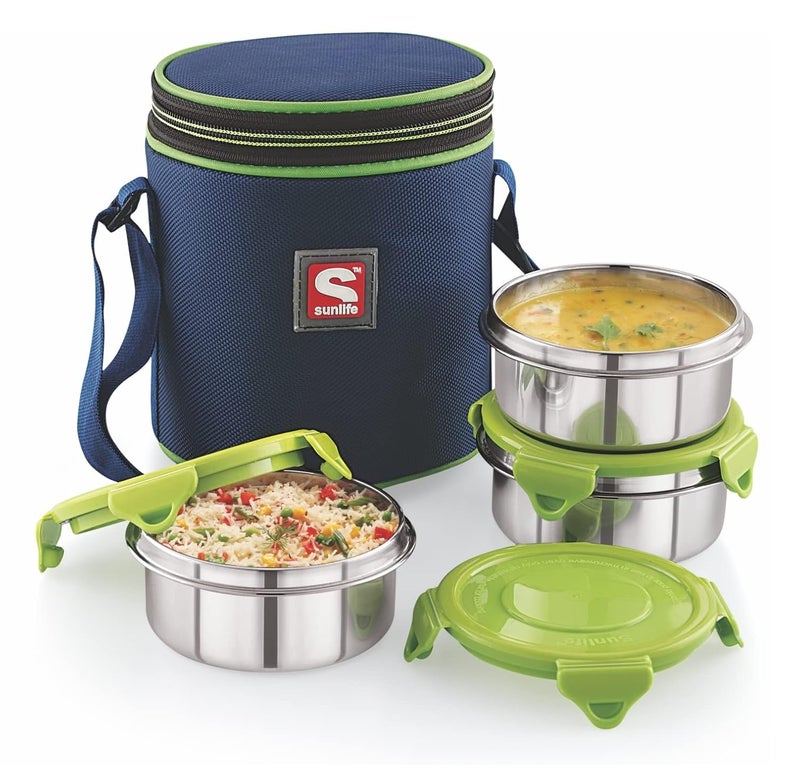 SUNLIFE - Decent 3Pc Insulated Lunch Pack - 3Pc Stainless Steel Containers (Lock-N-Lock) Lunch Box (Green) - Image 2