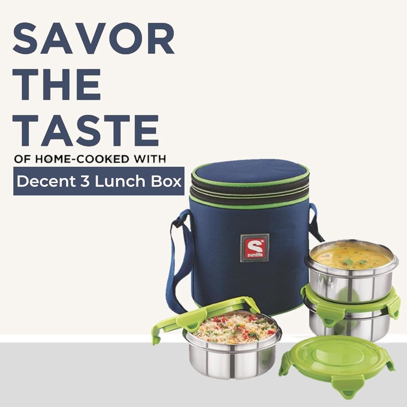 SUNLIFE - Decent 3Pc Insulated Lunch Pack - 3Pc Stainless Steel Containers (Lock-N-Lock) Lunch Box (Green) - Image 5