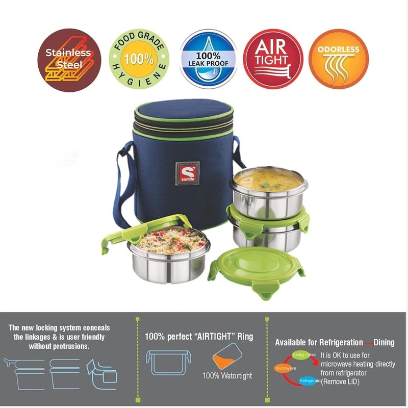 SUNLIFE - Decent 3Pc Insulated Lunch Pack - 3Pc Stainless Steel Containers (Lock-N-Lock) Lunch Box (Green) - Image 4