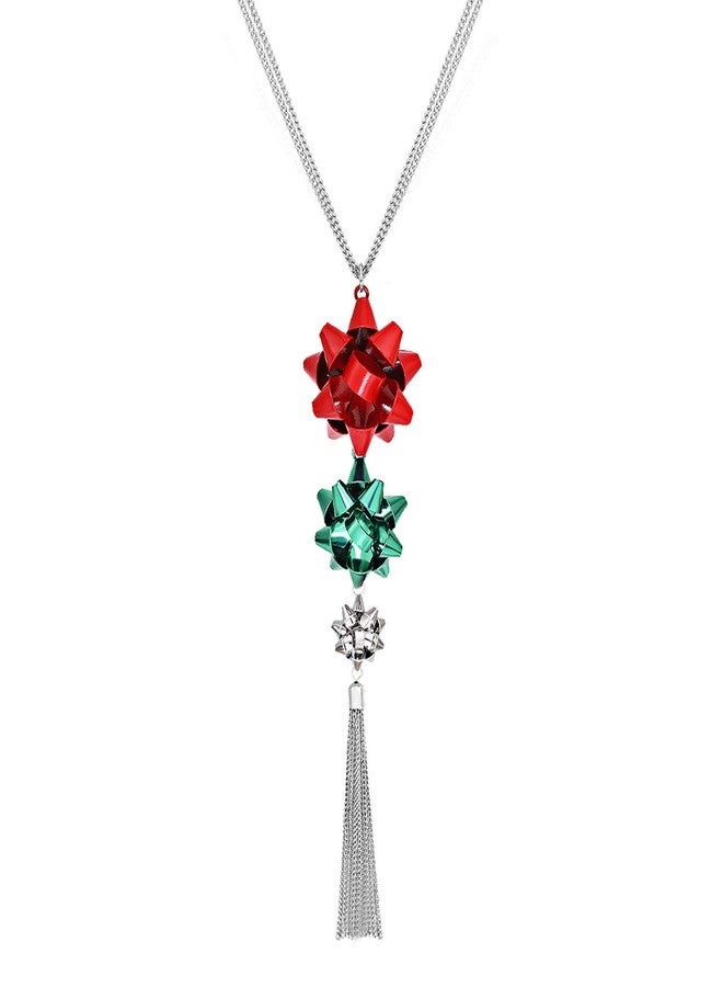 CEALXHENY Christmas Necklace for Women Festive Bow Pendant Necklaces Delicate Chain Tassel Necklace Long Necklace Holiday Gift for Women (Red+Green+Silver) - Image 1