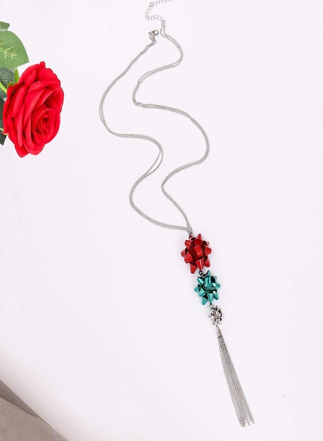 CEALXHENY Christmas Necklace for Women Festive Bow Pendant Necklaces Delicate Chain Tassel Necklace Long Necklace Holiday Gift for Women (Red+Green+Silver) - Image 5