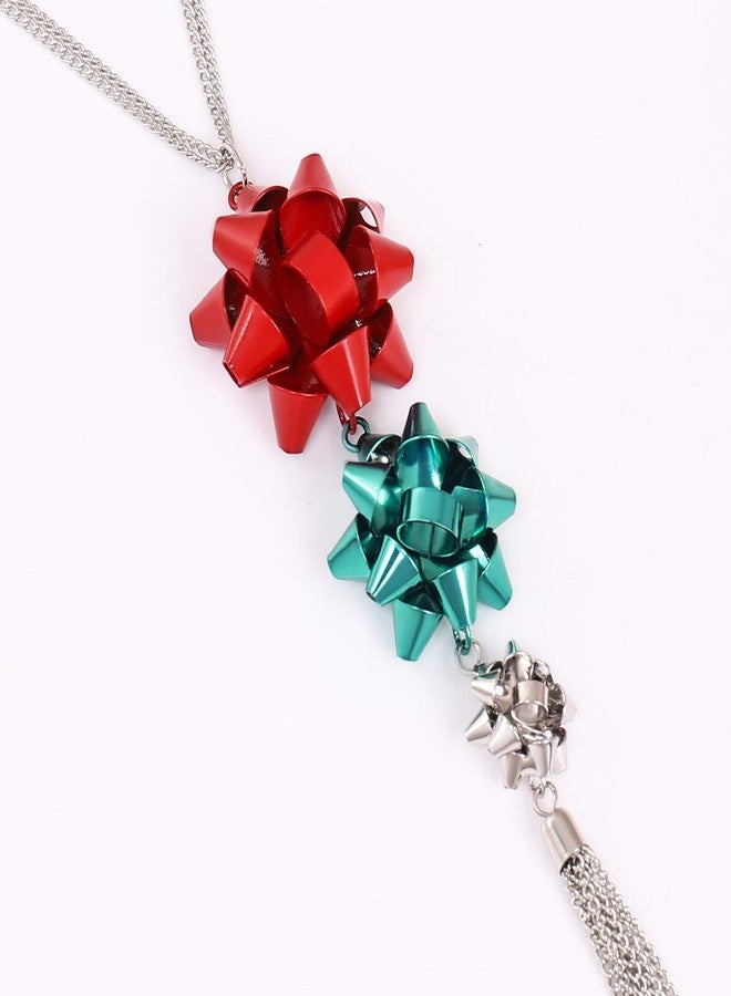 CEALXHENY Christmas Necklace for Women Festive Bow Pendant Necklaces Delicate Chain Tassel Necklace Long Necklace Holiday Gift for Women (Red+Green+Silver) - Image 3