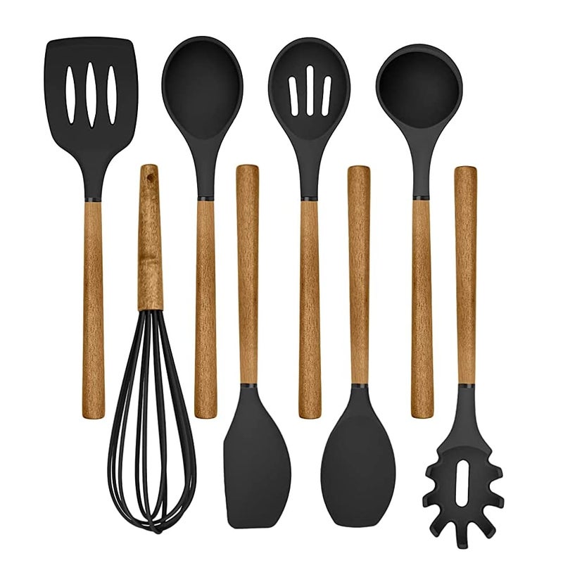 Country Kitchen Non Stick Silicone Utensil Set with Rounded Wood Handles for Cooking and Baking, 8 Piece Set, Black - Image 1