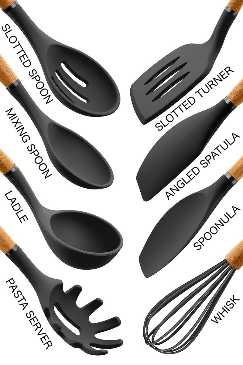 Country Kitchen Non Stick Silicone Utensil Set with Rounded Wood Handles for Cooking and Baking, 8 Piece Set, Black - Image 2