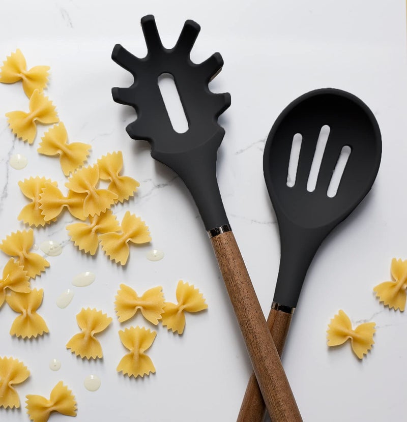 Country Kitchen Non Stick Silicone Utensil Set with Rounded Wood Handles for Cooking and Baking, 8 Piece Set, Black - Image 5
