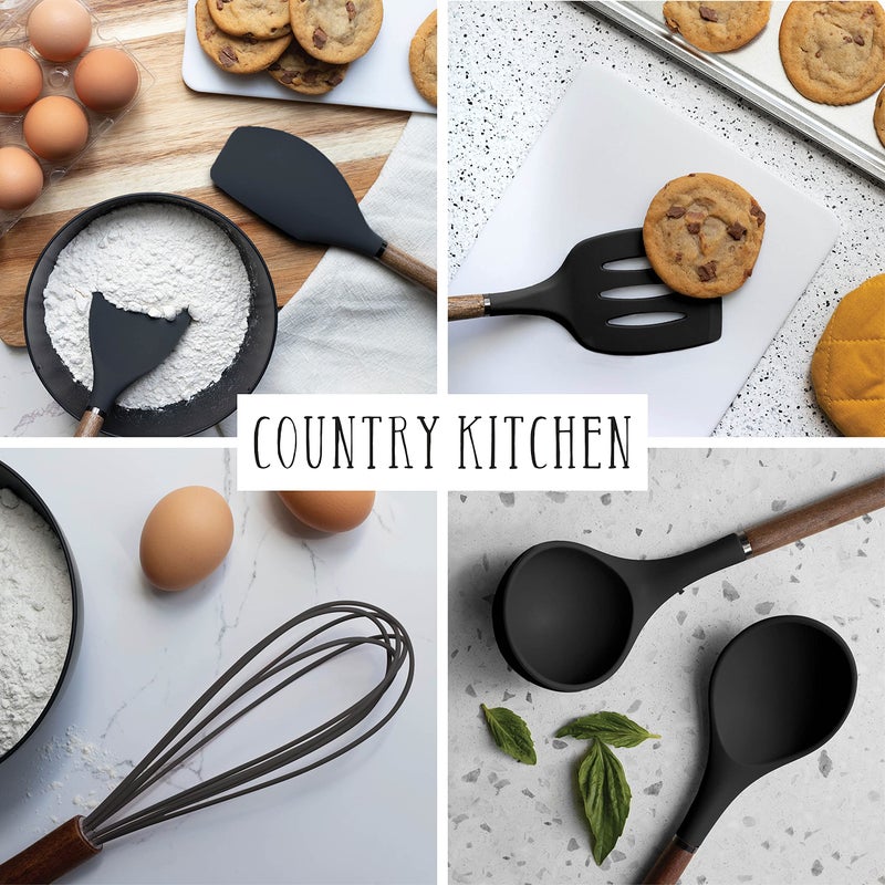 Country Kitchen Non Stick Silicone Utensil Set with Rounded Wood Handles for Cooking and Baking, 8 Piece Set, Black - Image 4