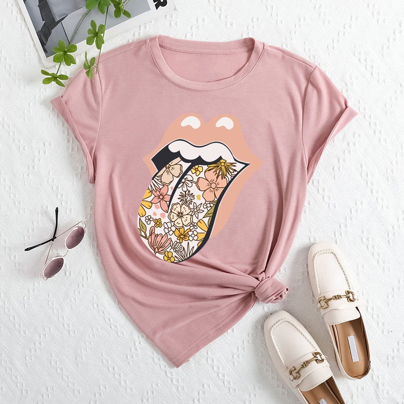 2025 Foreign Trade Womens Independent Station Temu Clothing Cross-border E-commerce ebay Amazon Lickitone Printed Polyester Ammonia T-shirt Lotus color 