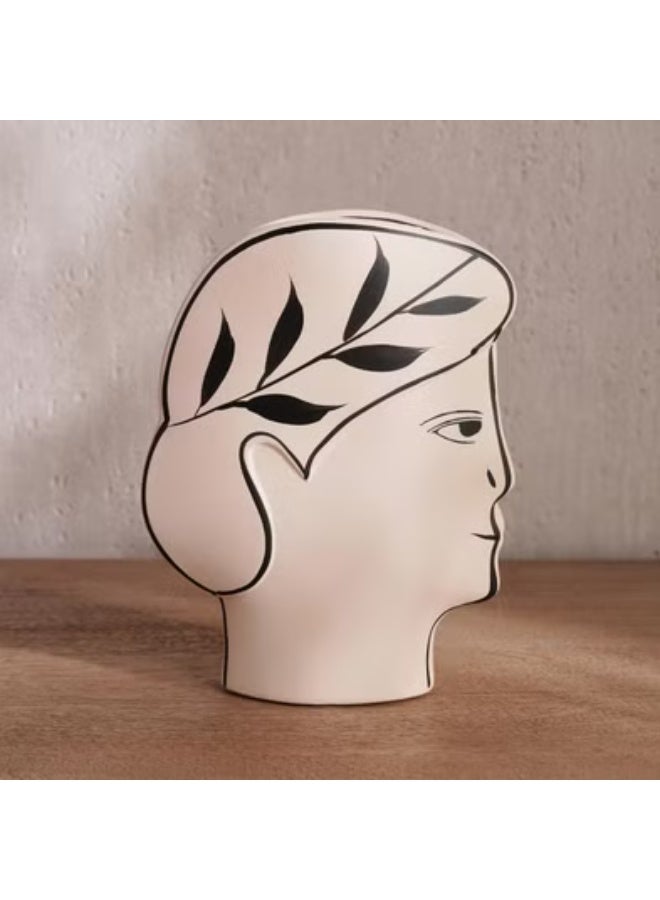 AKDC Clay Flower Vase 15cm*5cm*19cm, Artistic Face-Shaped Planter with Leaf Design, Beige and Black - Image 1