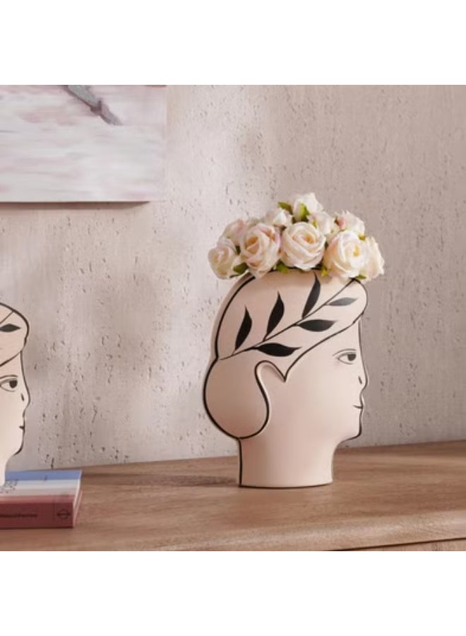 AKDC Clay Flower Vase 15cm*5cm*19cm, Artistic Face-Shaped Planter with Leaf Design, Beige and Black - Image 2