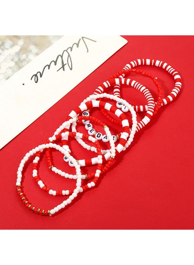 سيالكسهيني إكسسوارات يوم الروح الحمراء للنساء أساور يوم مباراة كرة القدم أساور هيشي ستاكبال أساور مطاطية من الخرز الطيني ملابس يوم مباراة كرة القدم إكسسوارات أمهات كرة القدم هدايا (أبيض وأحمر 1) - Image 4