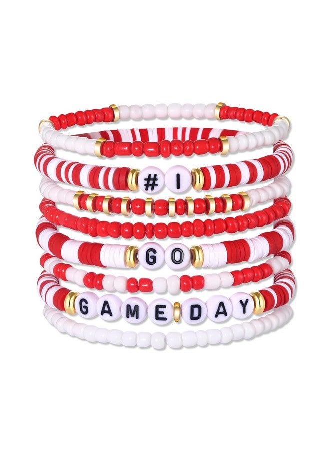 سيالكسهيني إكسسوارات يوم الروح الحمراء للنساء أساور يوم مباراة كرة القدم أساور هيشي ستاكبال أساور مطاطية من الخرز الطيني ملابس يوم مباراة كرة القدم إكسسوارات أمهات كرة القدم هدايا (أبيض وأحمر 1) - Image 1