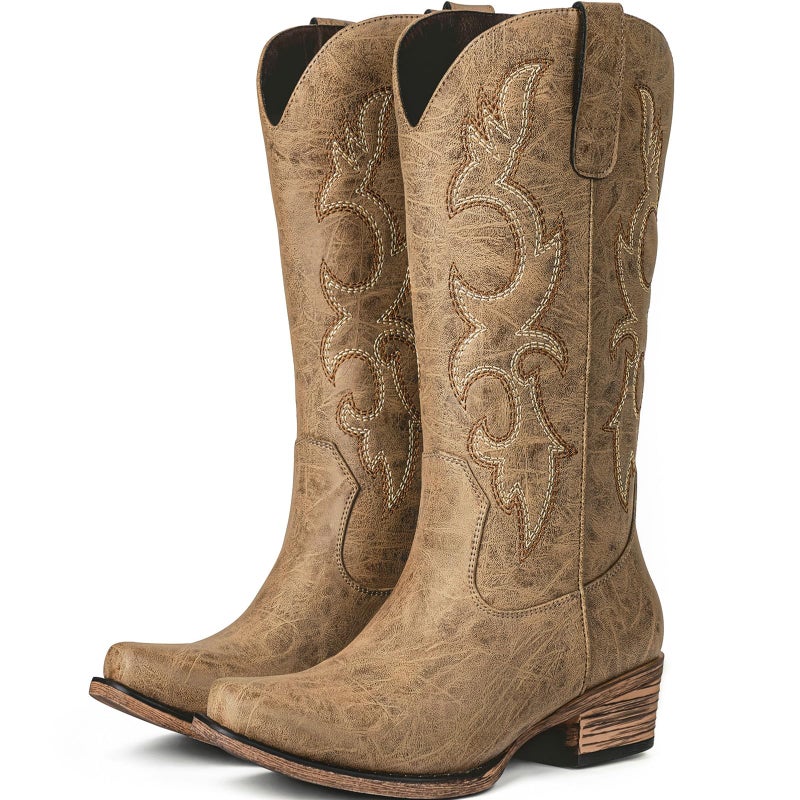Choiran Tan Cowboy Boots for Women - Embroidered Cowgirl Boots Western Mid Calf Fashion Chunky Heel Pointed Toe Country Boot 8 - Image 1