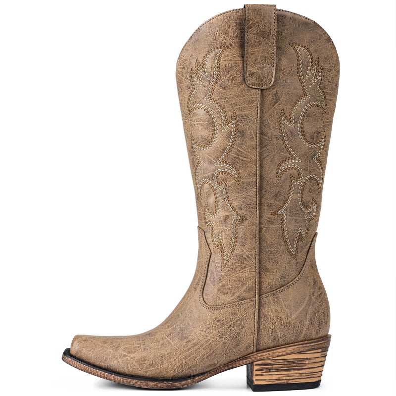 Choiran Tan Cowboy Boots for Women - Embroidered Cowgirl Boots Western Mid Calf Fashion Chunky Heel Pointed Toe Country Boot 8 - Image 4