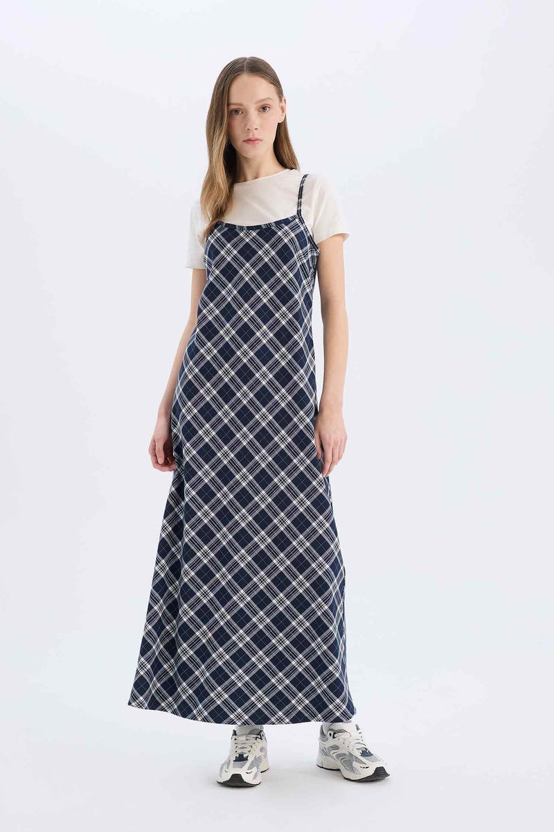 DeFacto Blue Woman V-Neck Plaid Midi Dress Casual - Image 1