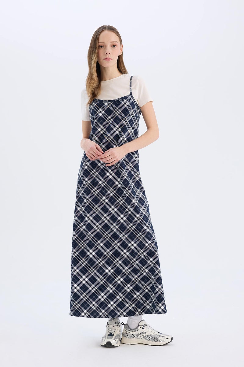 DeFacto Blue Woman V-Neck Plaid Midi Dress Casual - Image 2